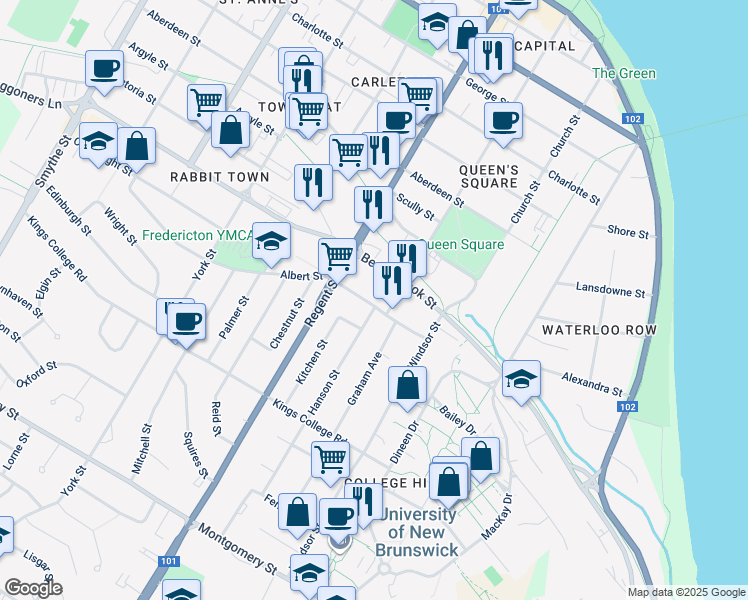 map of restaurants, bars, coffee shops, grocery stores, and more near 568 Hanson Street in Fredericton