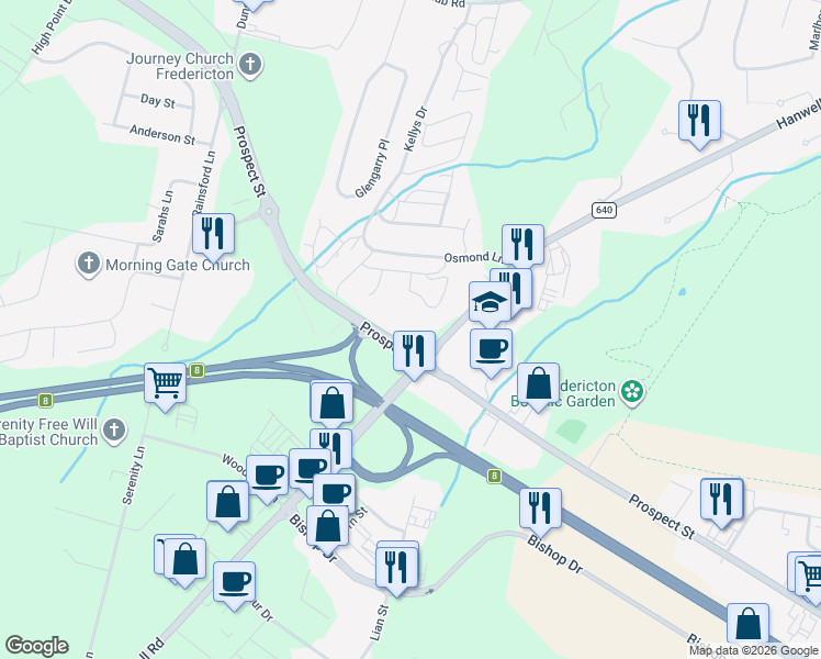 map of restaurants, bars, coffee shops, grocery stores, and more near 495 Prospect Street in Fredericton
