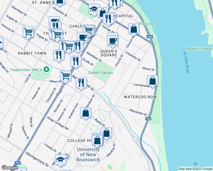 map of restaurants, bars, coffee shops, grocery stores, and more near 825 McLeod Avenue in Fredericton