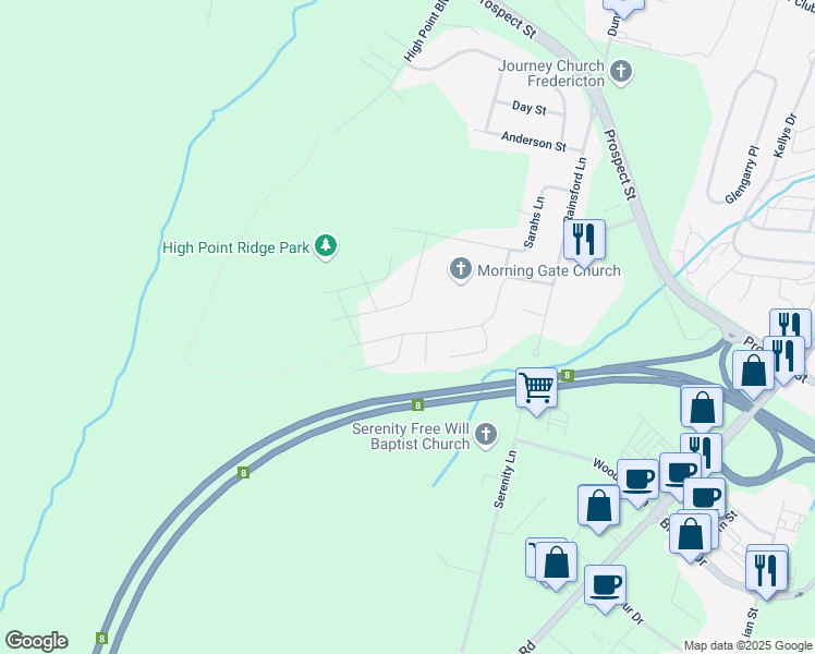 map of restaurants, bars, coffee shops, grocery stores, and more near 186 Morning Gate Drive in Fredericton