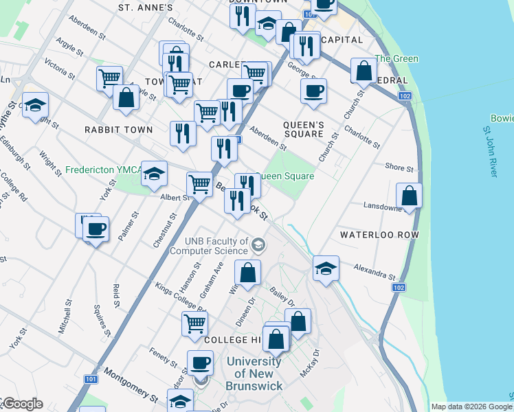map of restaurants, bars, coffee shops, grocery stores, and more near 719 Beaverbrook Street in Fredericton