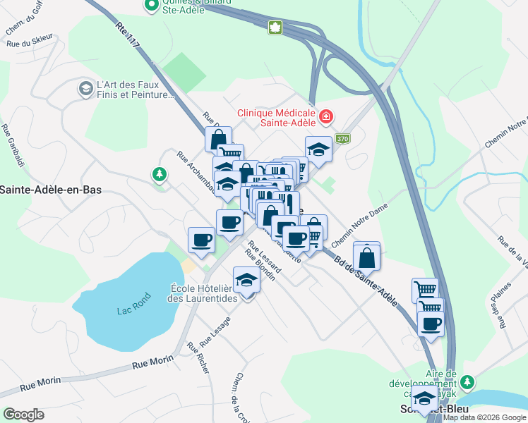 map of restaurants, bars, coffee shops, grocery stores, and more near 19 Rue Morin in Sainte-Adèle
