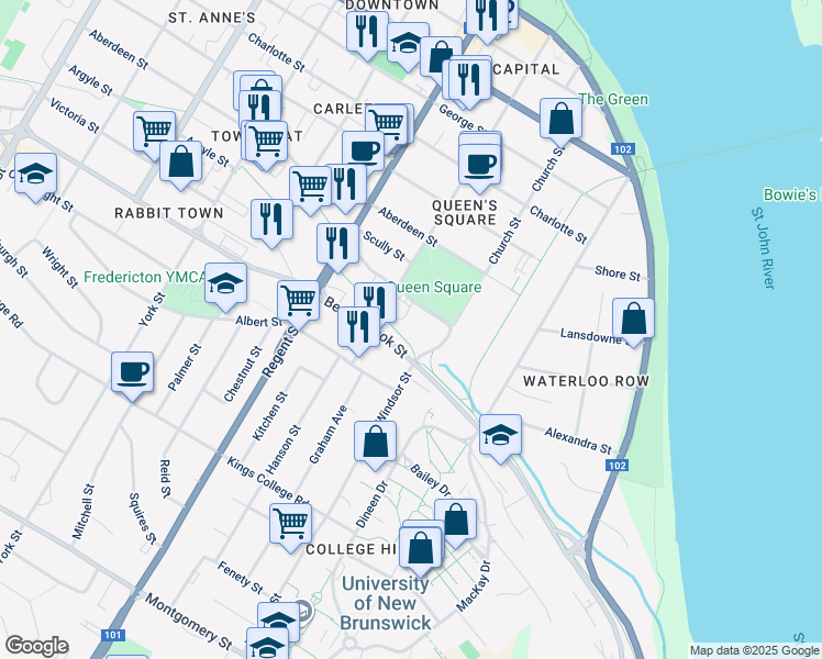 map of restaurants, bars, coffee shops, grocery stores, and more near 778 McLeod Avenue in Fredericton
