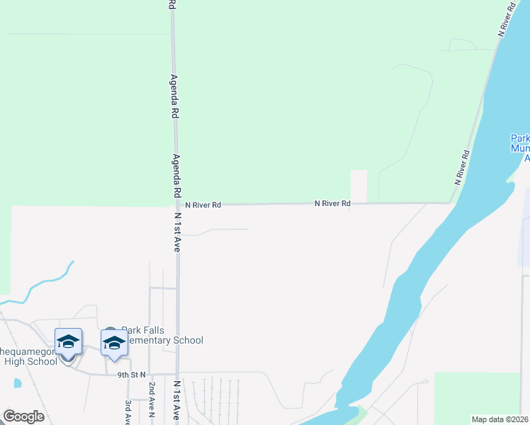 map of restaurants, bars, coffee shops, grocery stores, and more near W7582 North River Road in Park Falls