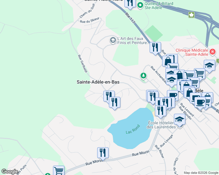 map of restaurants, bars, coffee shops, grocery stores, and more near Rue de Grenoble in Sainte-Adèle