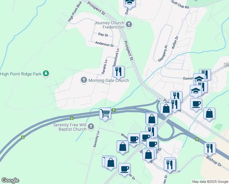 map of restaurants, bars, coffee shops, grocery stores, and more near 375 Rainsford Lane in Fredericton