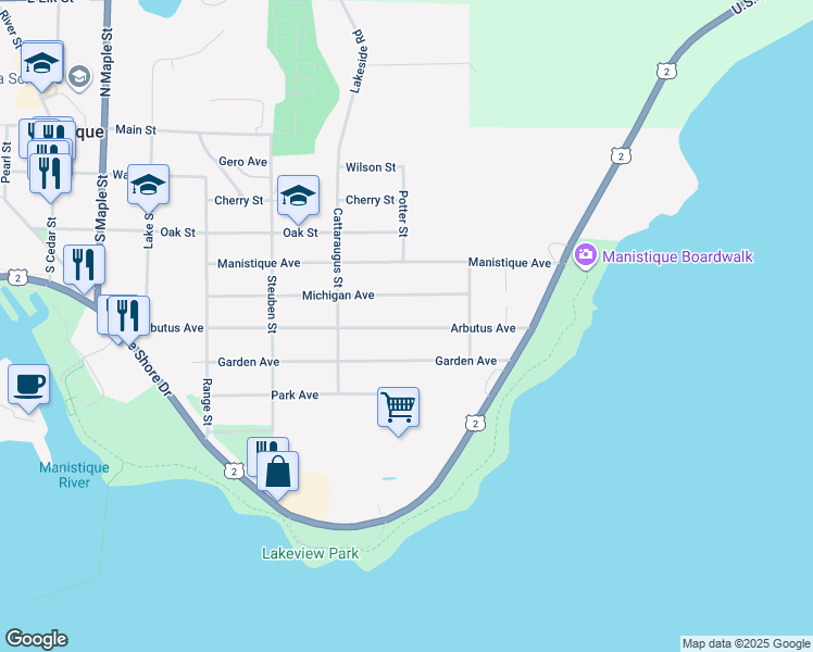map of restaurants, bars, coffee shops, grocery stores, and more near 700-898 Arbutus Avenue in Manistique