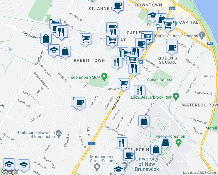 map of restaurants, bars, coffee shops, grocery stores, and more near 527 Albert Street in Fredericton