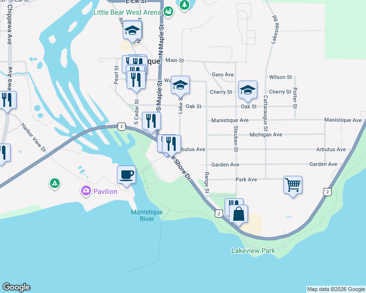 map of restaurants, bars, coffee shops, grocery stores, and more near 400-498 Arbutus Avenue in Manistique