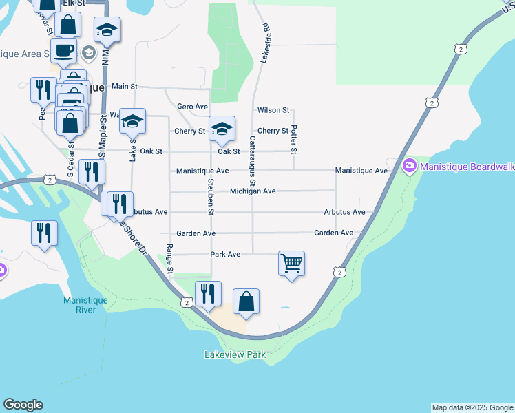 map of restaurants, bars, coffee shops, grocery stores, and more near 700 Arbutus Avenue in Manistique