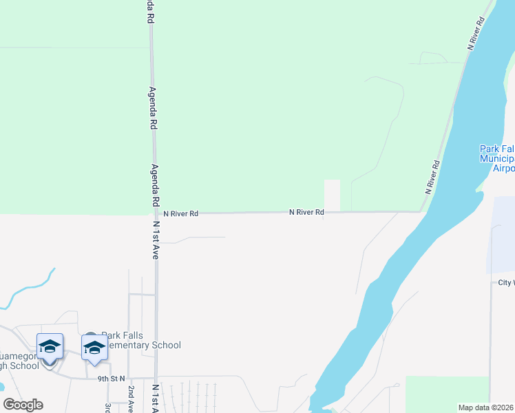 map of restaurants, bars, coffee shops, grocery stores, and more near W7582 North River Road in Park Falls