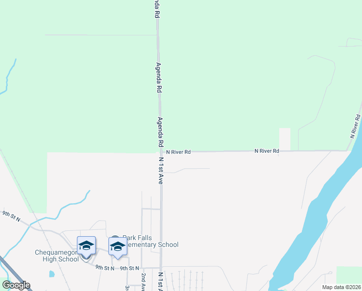 map of restaurants, bars, coffee shops, grocery stores, and more near W7670 North River Road in Park Falls