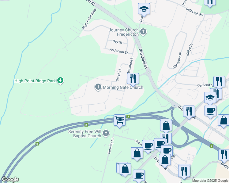 map of restaurants, bars, coffee shops, grocery stores, and more near 29 Morning Gate Drive in Fredericton