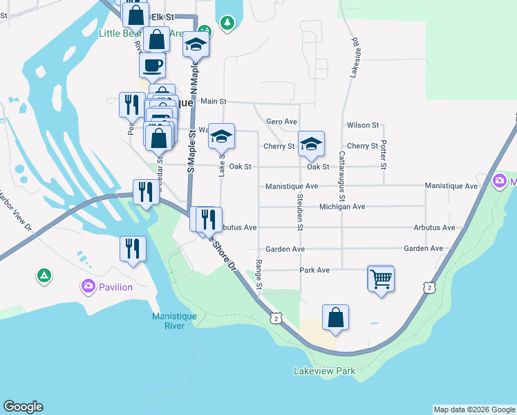 map of restaurants, bars, coffee shops, grocery stores, and more near 498 Arbutus Avenue in Manistique