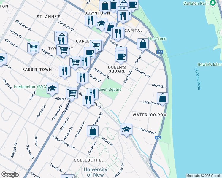 map of restaurants, bars, coffee shops, grocery stores, and more near 785 Aberdeen Street in Fredericton