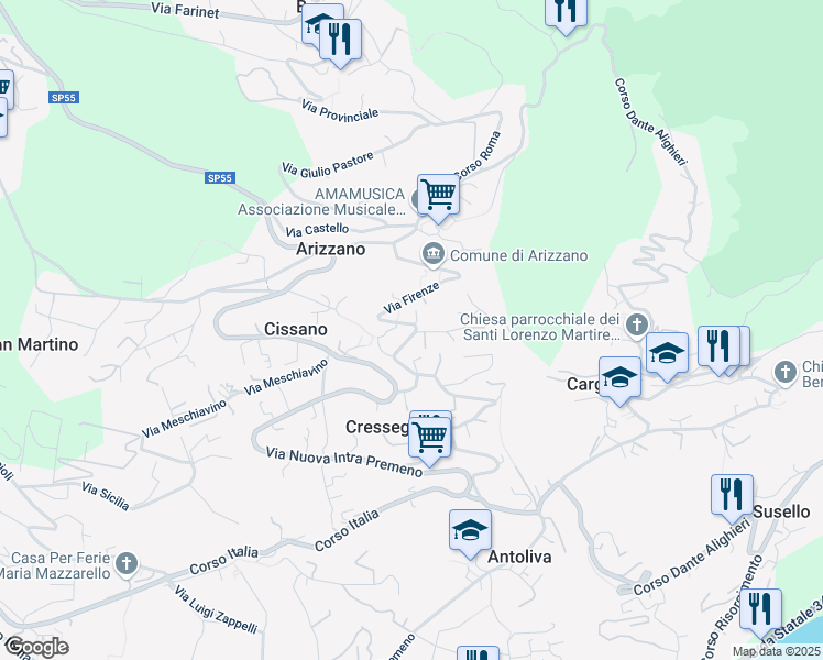 map of restaurants, bars, coffee shops, grocery stores, and more near 17 Via Firenze in Arizzano
