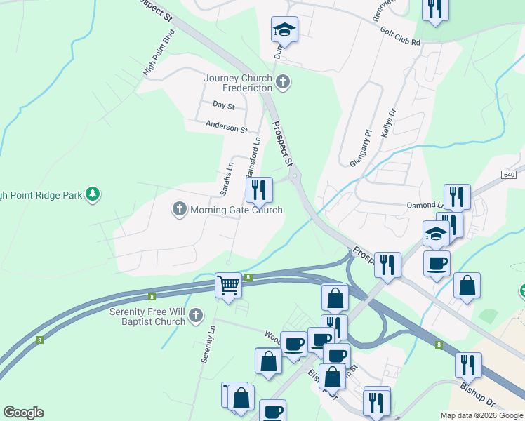 map of restaurants, bars, coffee shops, grocery stores, and more near 35 Patience Lane in Fredericton