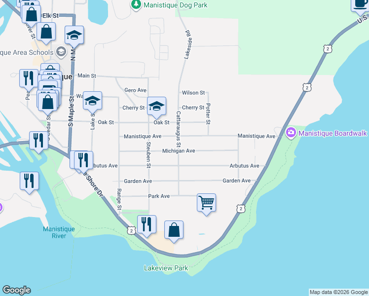 map of restaurants, bars, coffee shops, grocery stores, and more near 701-799 Manistique Avenue in Manistique