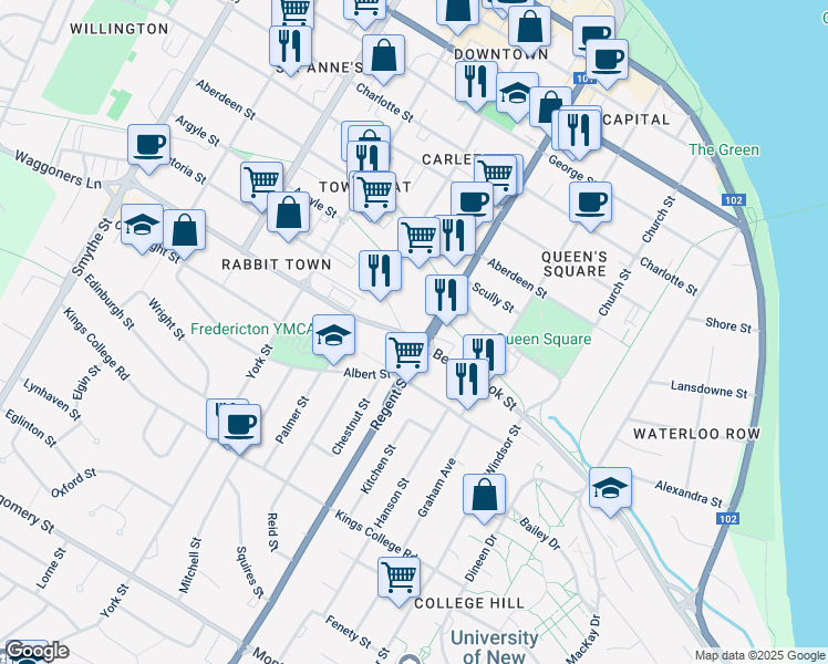 map of restaurants, bars, coffee shops, grocery stores, and more near 585 Beaverbrook Court in Fredericton
