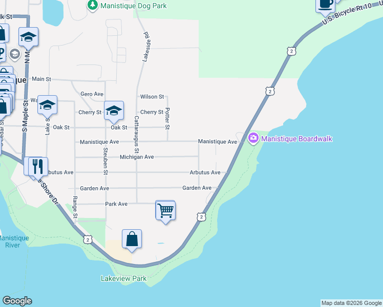 map of restaurants, bars, coffee shops, grocery stores, and more near 801-827 Manistique Ave in Manistique