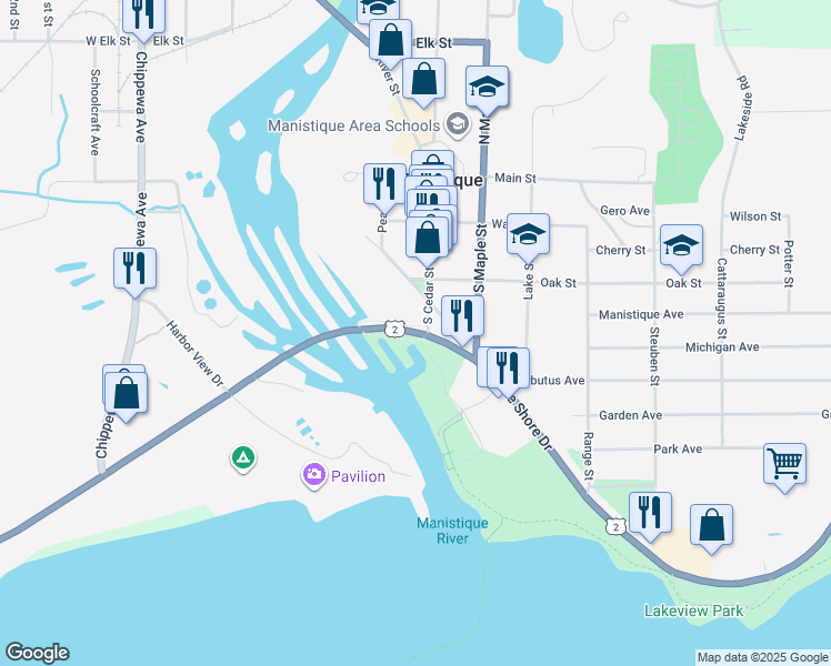 map of restaurants, bars, coffee shops, grocery stores, and more near U.S. Highway 2 in Manistique