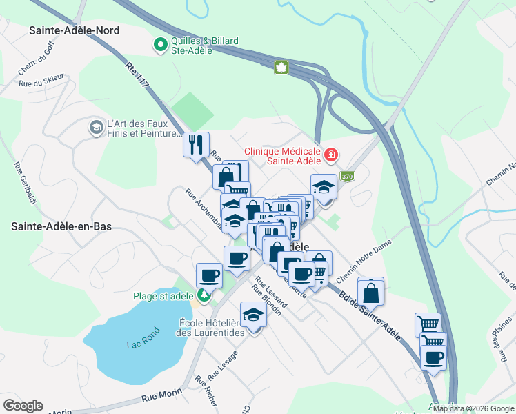 map of restaurants, bars, coffee shops, grocery stores, and more near 1233 Rue Dumouchel in Sainte-Adèle