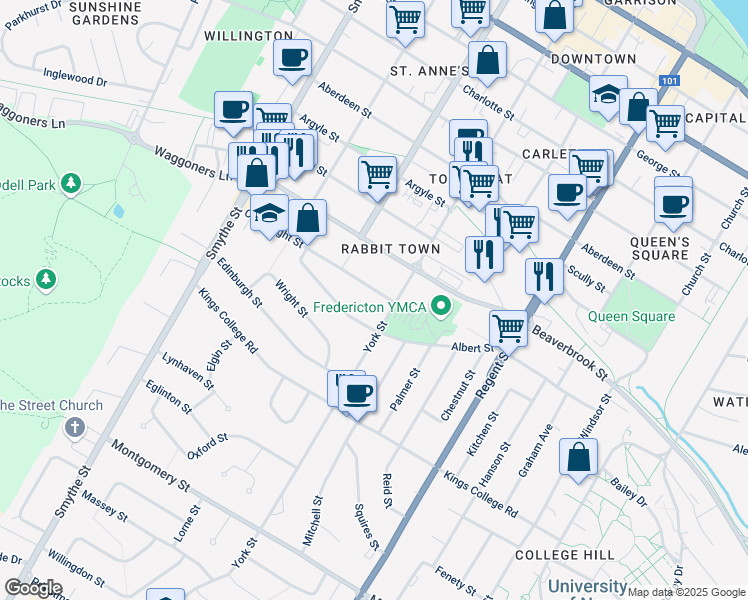 map of restaurants, bars, coffee shops, grocery stores, and more near 376 Connaught Street in Fredericton