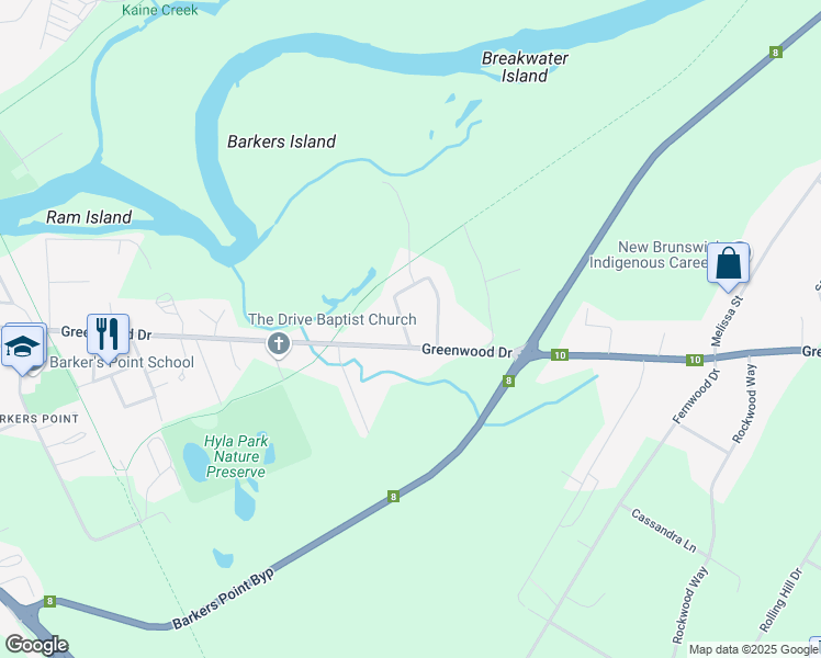 map of restaurants, bars, coffee shops, grocery stores, and more near 36 Birch Crescent in Fredericton