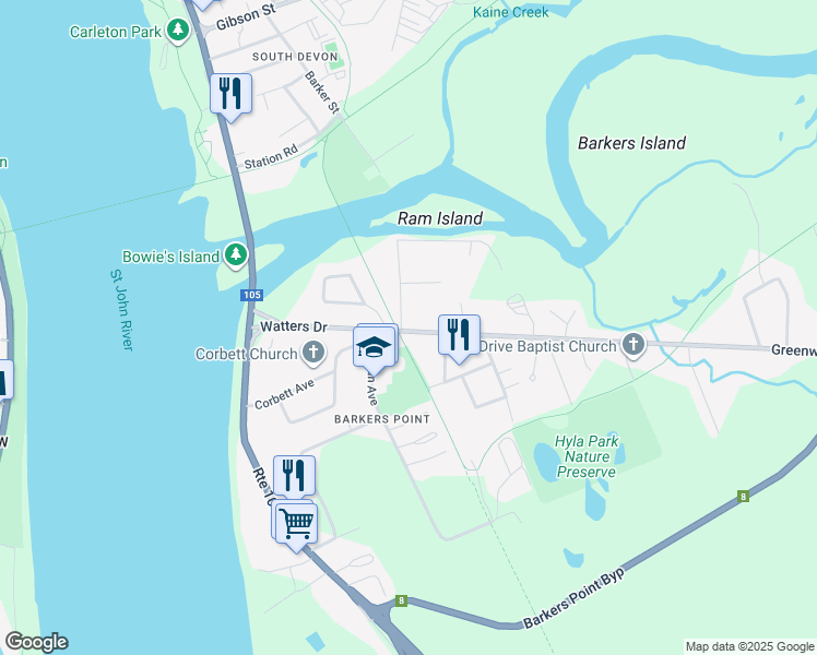 map of restaurants, bars, coffee shops, grocery stores, and more near 3 Greenwood Drive in Fredericton