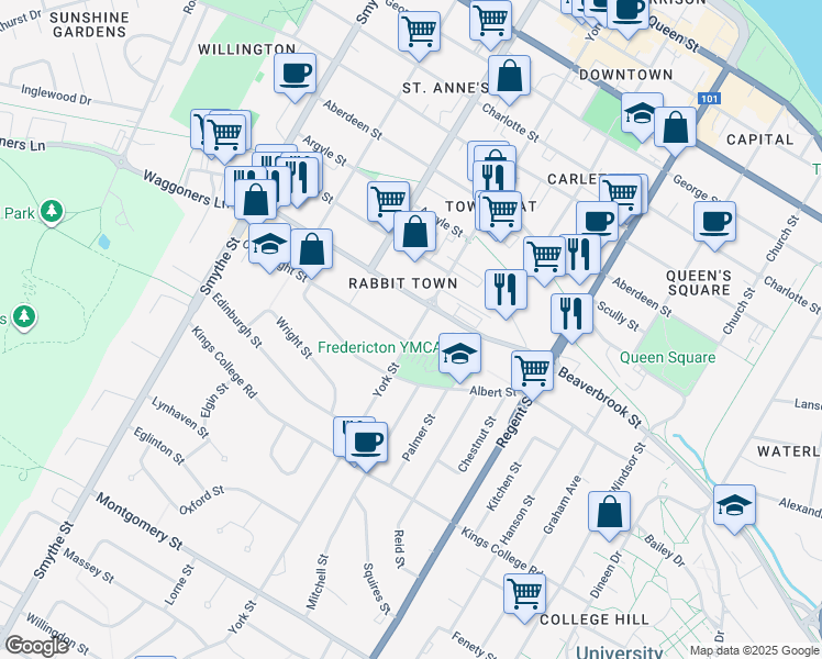 map of restaurants, bars, coffee shops, grocery stores, and more near 531 York Street in Fredericton