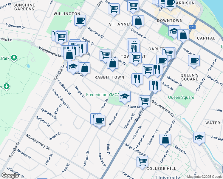 map of restaurants, bars, coffee shops, grocery stores, and more near 531 York Street in Fredericton