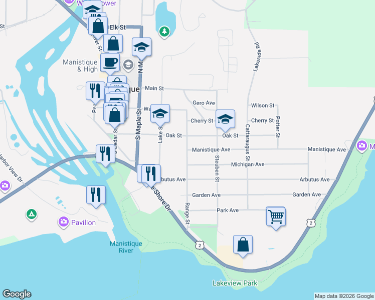 map of restaurants, bars, coffee shops, grocery stores, and more near 501 Manistique Avenue in Manistique