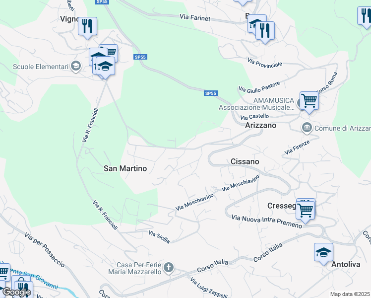 map of restaurants, bars, coffee shops, grocery stores, and more near 36 Via Faustino Donati in Provincia del Verbano-Cusio-Ossola