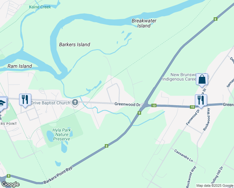 map of restaurants, bars, coffee shops, grocery stores, and more near 6 Birch Crescent in Fredericton