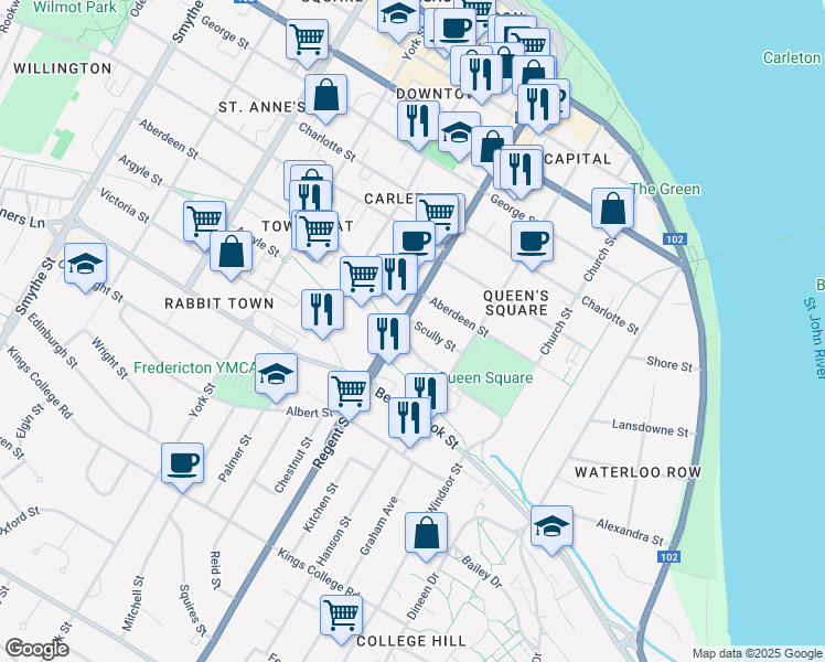 map of restaurants, bars, coffee shops, grocery stores, and more near 614 Scully Street in Fredericton