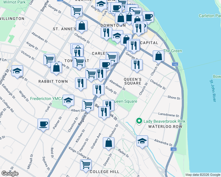 map of restaurants, bars, coffee shops, grocery stores, and more near 635 Scully Street in Fredericton
