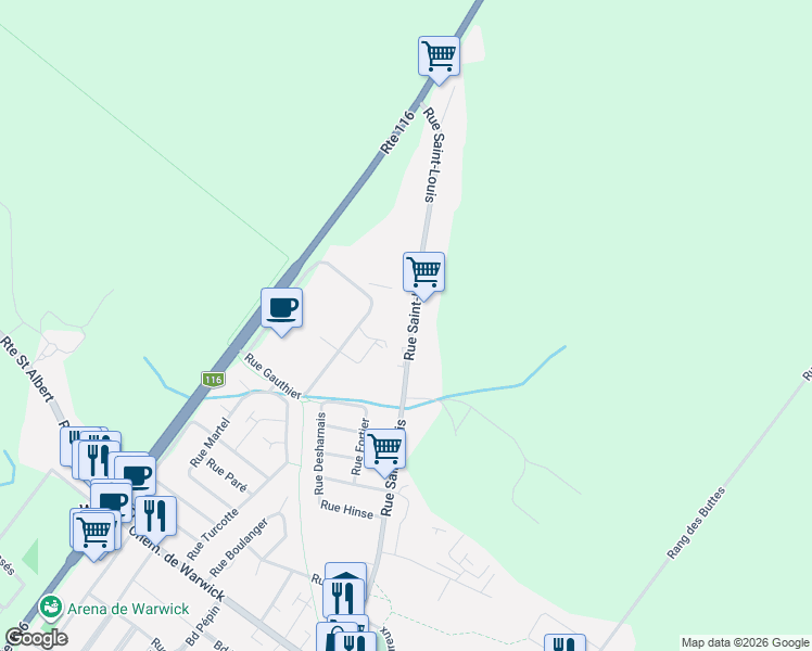 map of restaurants, bars, coffee shops, grocery stores, and more near 54 Rue Saint-Louis in Warwick
