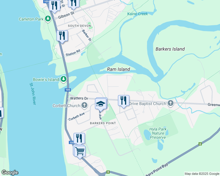 map of restaurants, bars, coffee shops, grocery stores, and more near 43 Charles Avenue in Fredericton
