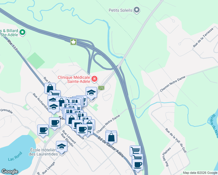 map of restaurants, bars, coffee shops, grocery stores, and more near 1120 Rue Des Tournesol in Sainte-Adèle