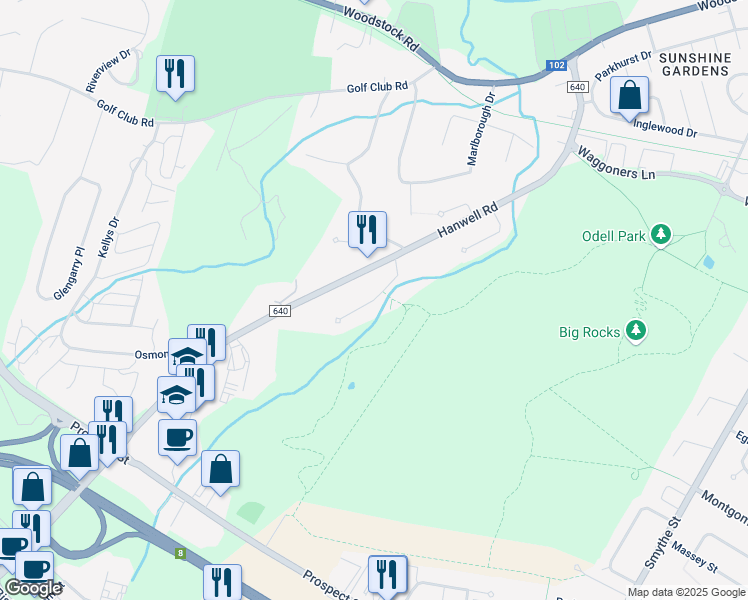 map of restaurants, bars, coffee shops, grocery stores, and more near Cameron Court in Fredericton