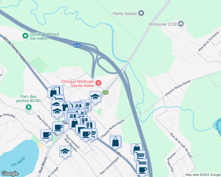 map of restaurants, bars, coffee shops, grocery stores, and more near 1120 Rue Des Tournesol in Sainte-Adèle