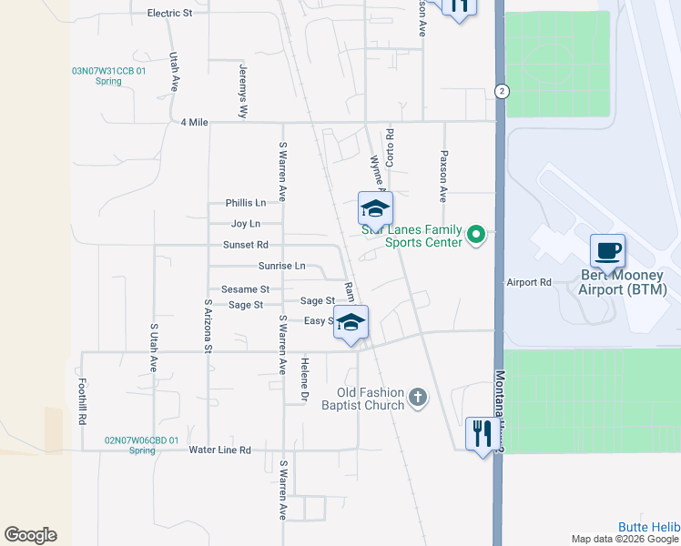 map of restaurants, bars, coffee shops, grocery stores, and more near 101 Ram Street in Butte