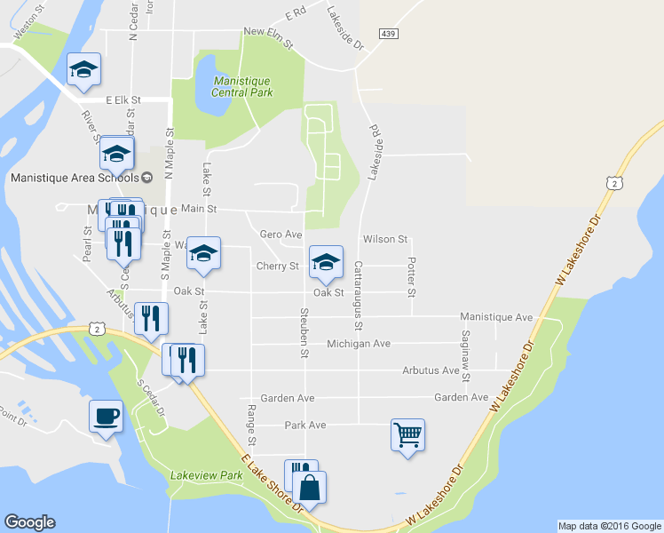 map of restaurants, bars, coffee shops, grocery stores, and more near 627 Cherry Street in Manistique