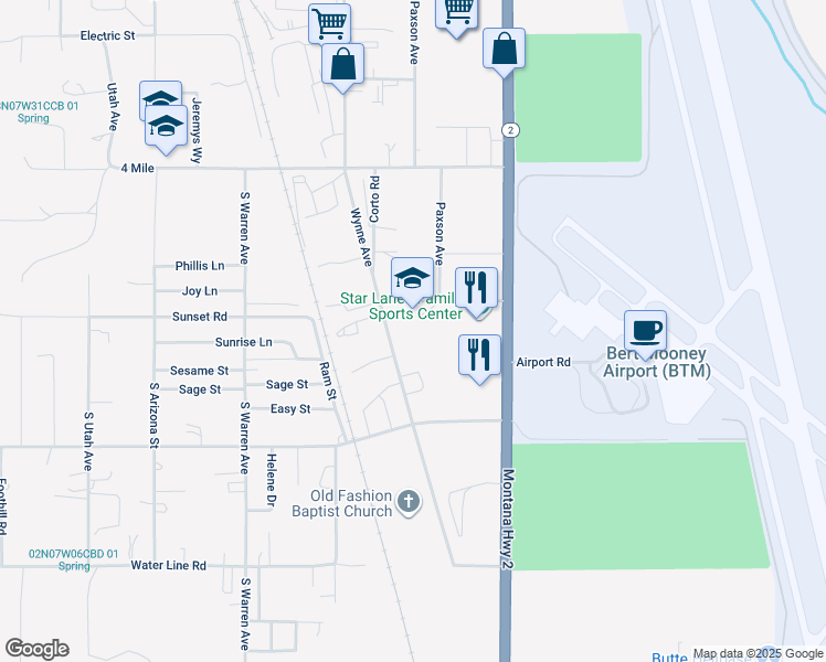map of restaurants, bars, coffee shops, grocery stores, and more near 1800 Sunset Road in Butte