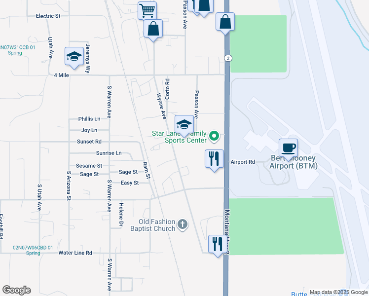 map of restaurants, bars, coffee shops, grocery stores, and more near 1800 Sunset Road in Butte