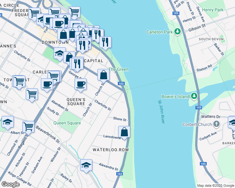 map of restaurants, bars, coffee shops, grocery stores, and more near in Fredericton