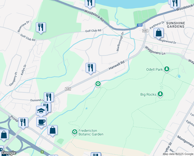 map of restaurants, bars, coffee shops, grocery stores, and more near 1 Cameron Court in Fredericton