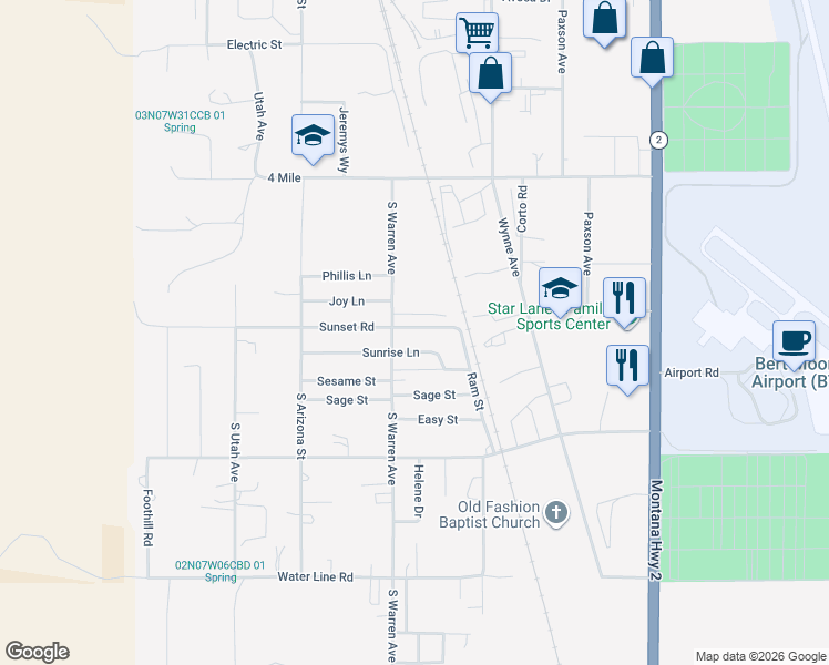 map of restaurants, bars, coffee shops, grocery stores, and more near 1404 Sunrise Lane in Butte