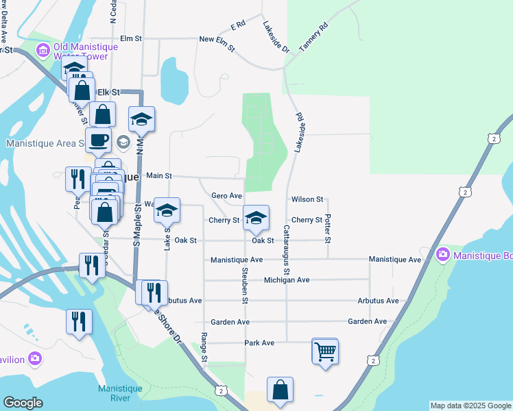 map of restaurants, bars, coffee shops, grocery stores, and more near Lakeside Road in Manistique