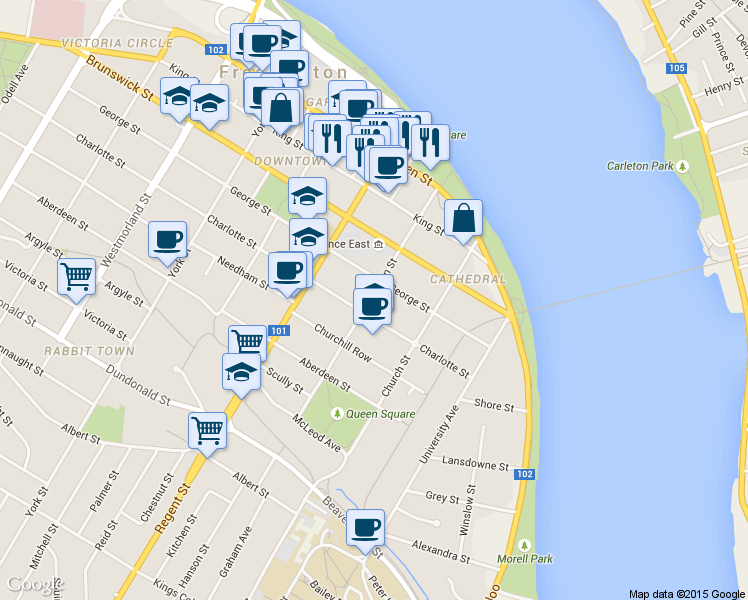 map of restaurants, bars, coffee shops, grocery stores, and more near in Fredericton